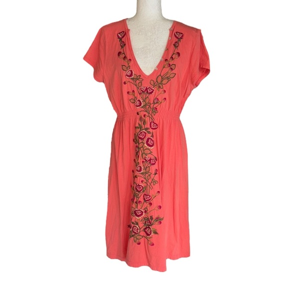 Johnny Was Coral Orange Embroidered Floral A-Line Knit Midi Dress - L - Picture 10 of 10